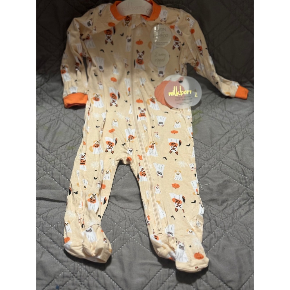 Milkberry Bamboo Halloween Ghost Dog Footie Sleeper 2-Way Zip Orange 6-9M NWT